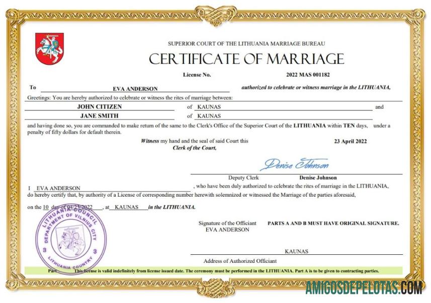 Em branco modelo Word e PDF de certidão de casamento da Lituânia